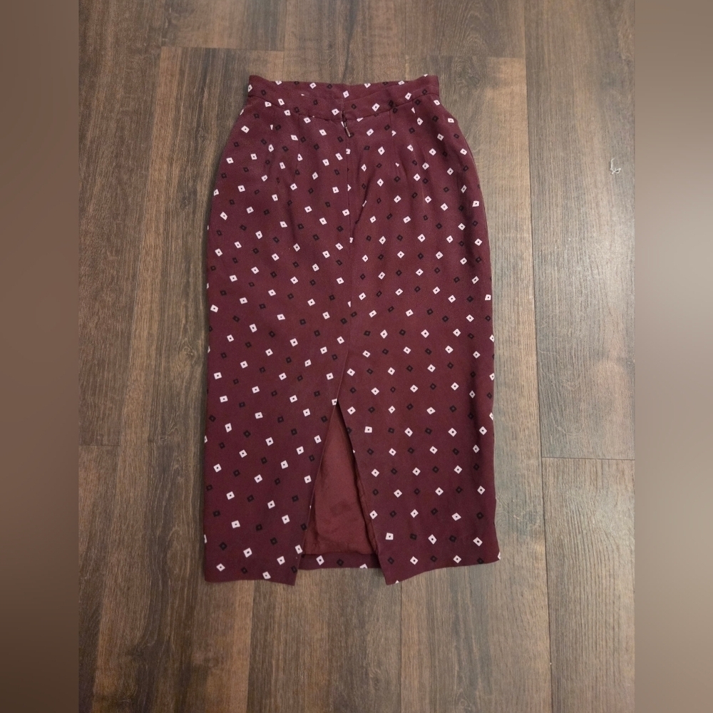 Vintage 1980's DKNY Burgundy Silk Printed Skirt - Picture 2 of 4